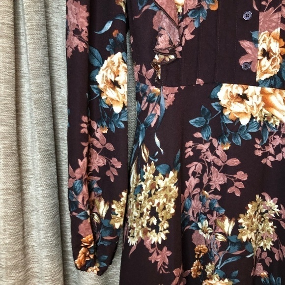 Xhiliration Wine Floral Print Long Sleeve Scoop Neck Ruffle Front Dress Medium - Picture 4 of 16